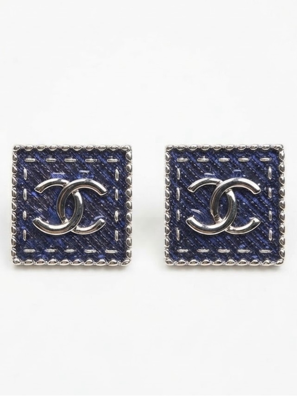 Silver-Tone Letter C Square Shiny Denim Blue Stud Earrings